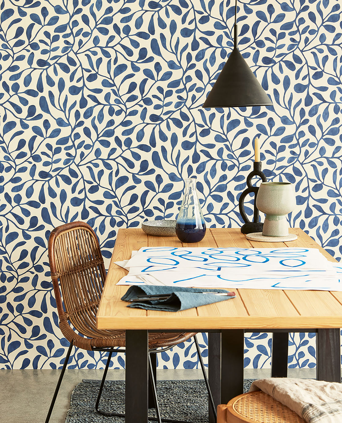 Fiona Dark Blue Leafy Vines Wallpaper  | Brewster Wallcovering - The WorkRm