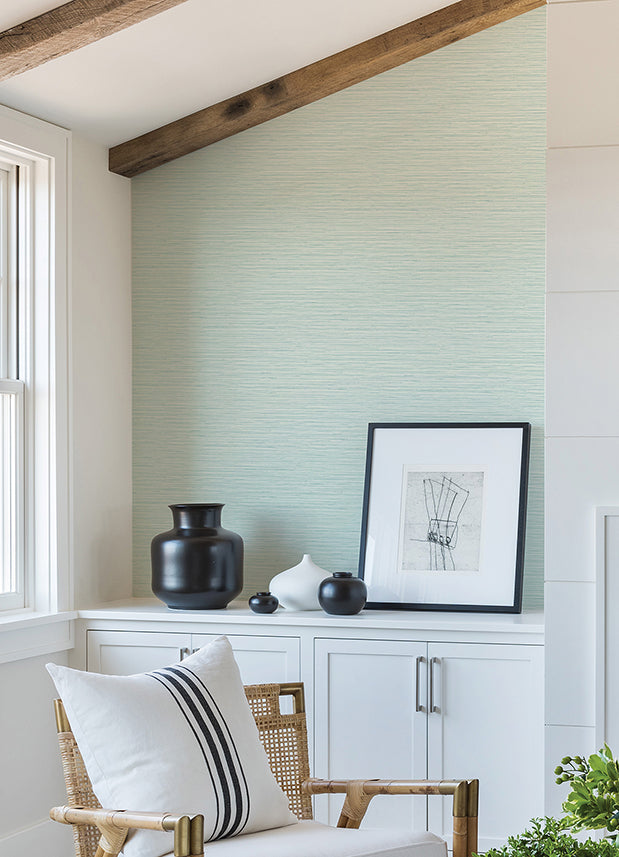 Rushmore Aqua Faux Grasscloth Wallpaper - Brewster Wallcovering