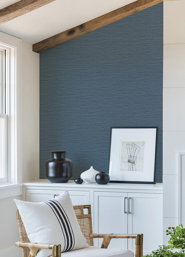 Rushmore Blue Faux Grasscloth Wallpaper - Brewster Wallcovering