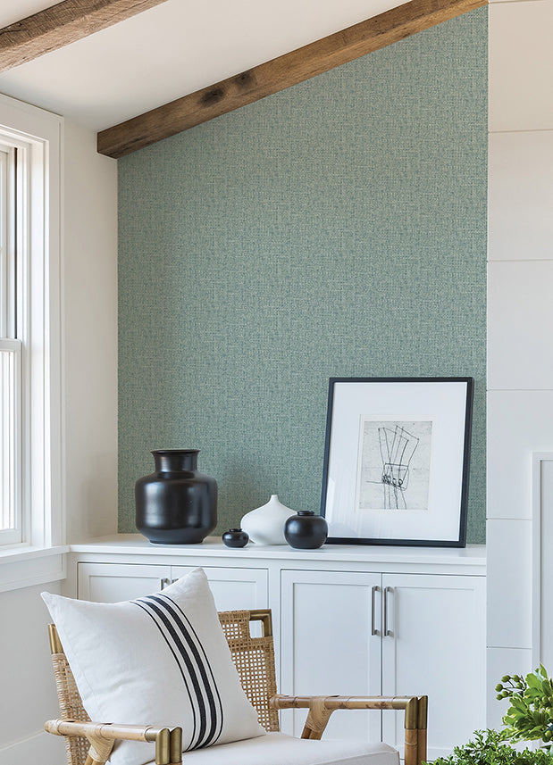 Snuggle Teal Woven Texture Wallpaper - Brewster Wallcovering