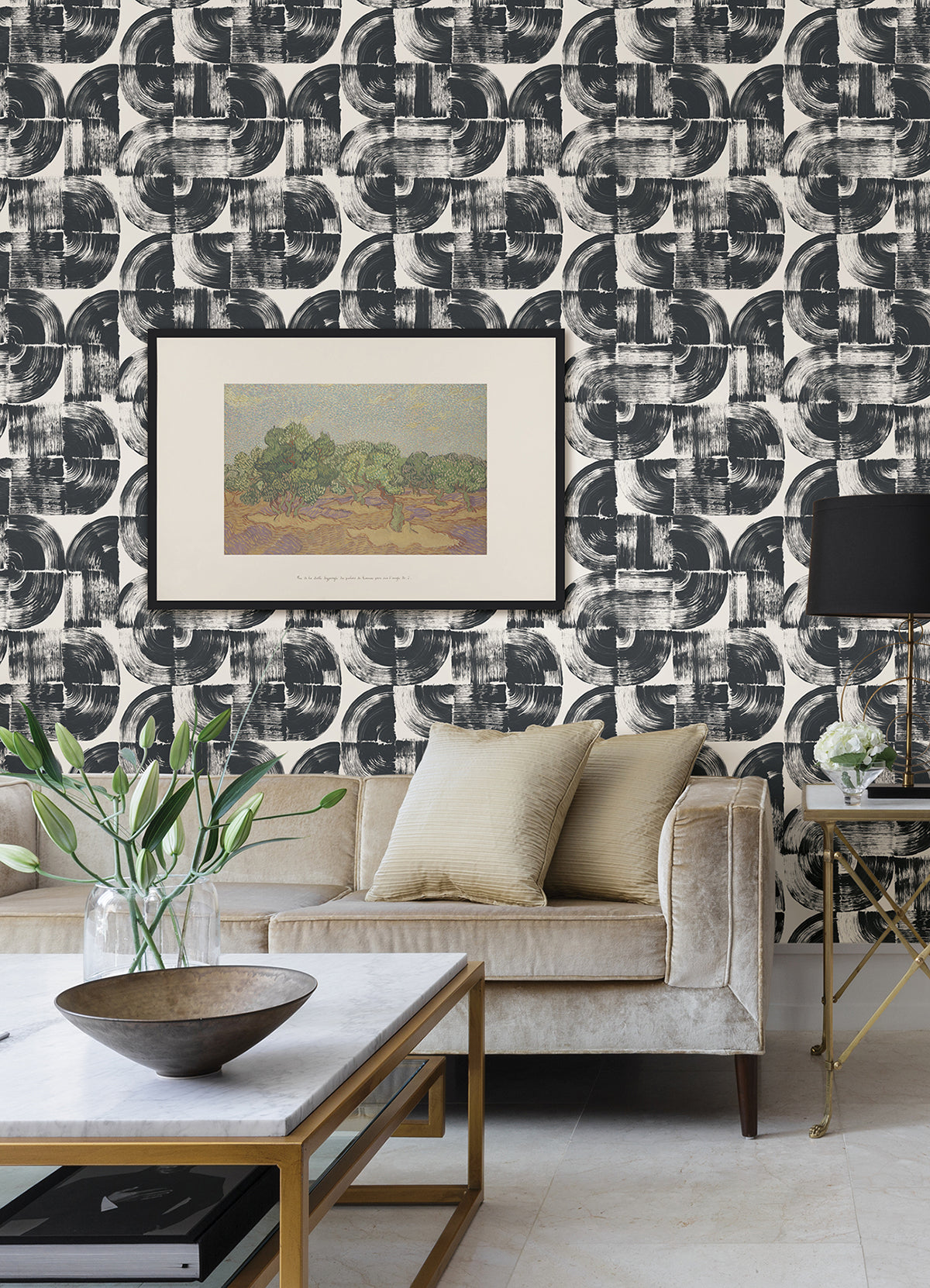 Giulietta Black Painterly Geometric Wallpaper - Brewster Wallcovering