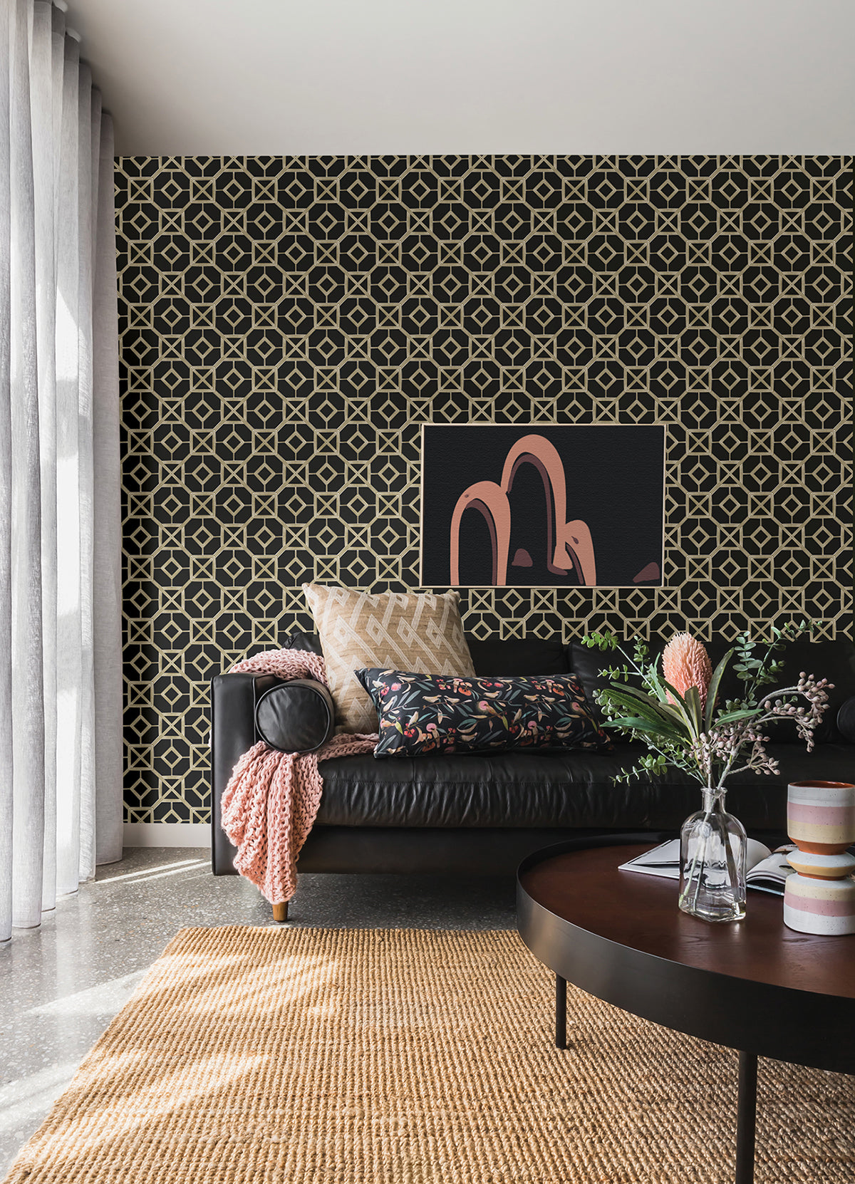 Livia Black Trellis Wallpaper  | Brewster Wallcovering - The WorkRm