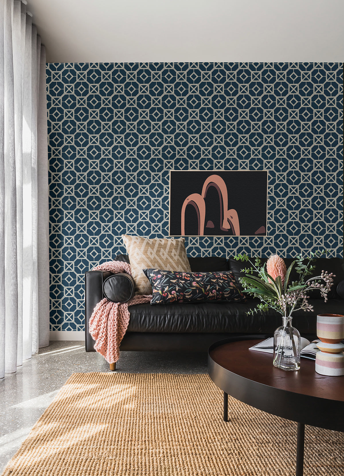 Livia Dark Blue Trellis Wallpaper  | Brewster Wallcovering - The WorkRm