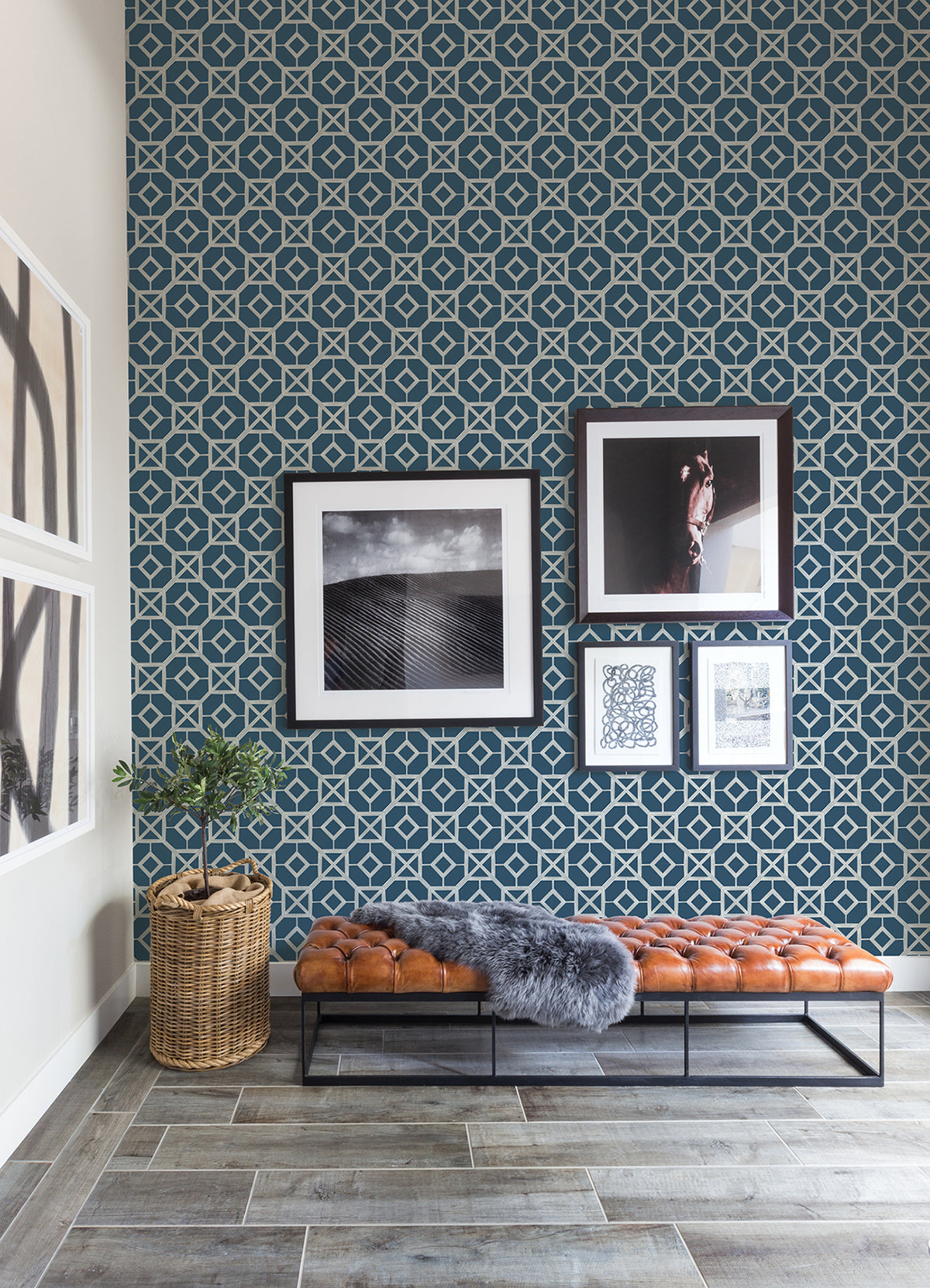 Livia Dark Blue Trellis Wallpaper  | Brewster Wallcovering - The WorkRm