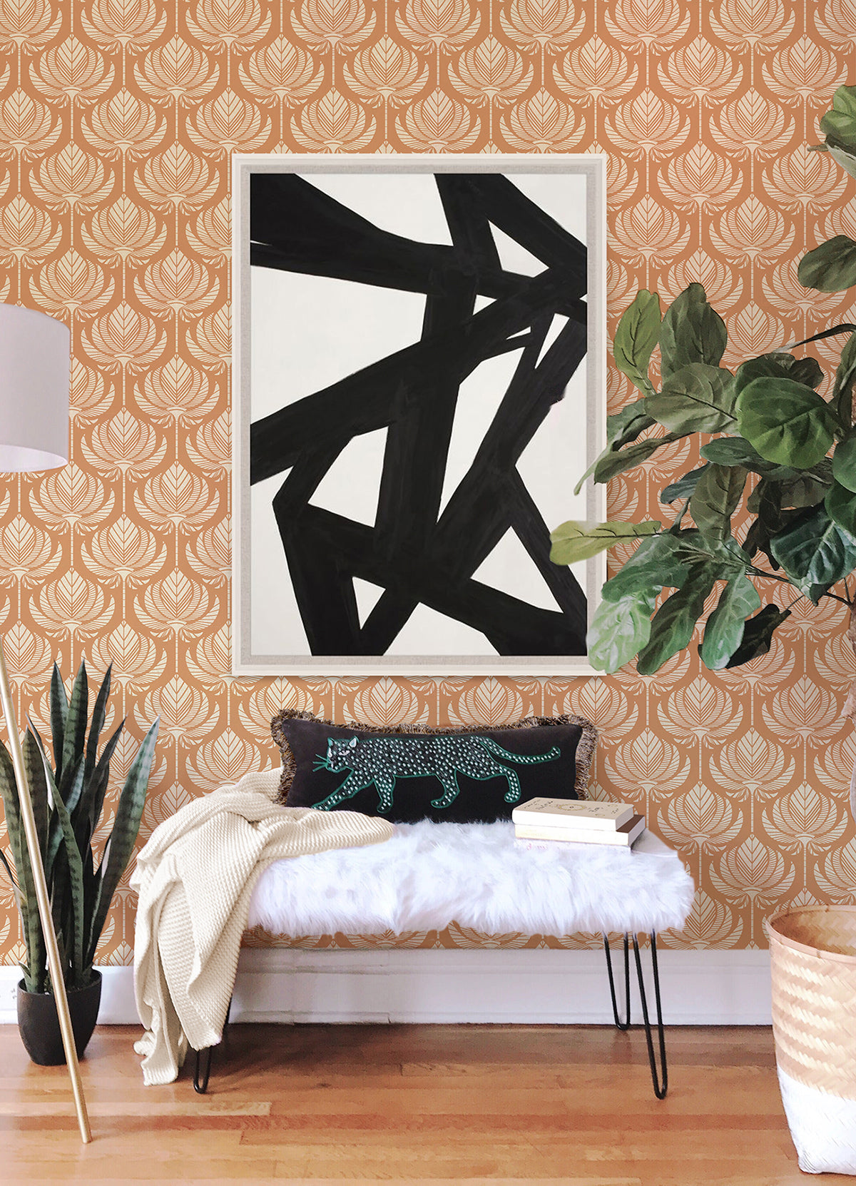Palmier Orange Lotus Fan Wallpaper  | Brewster Wallcovering