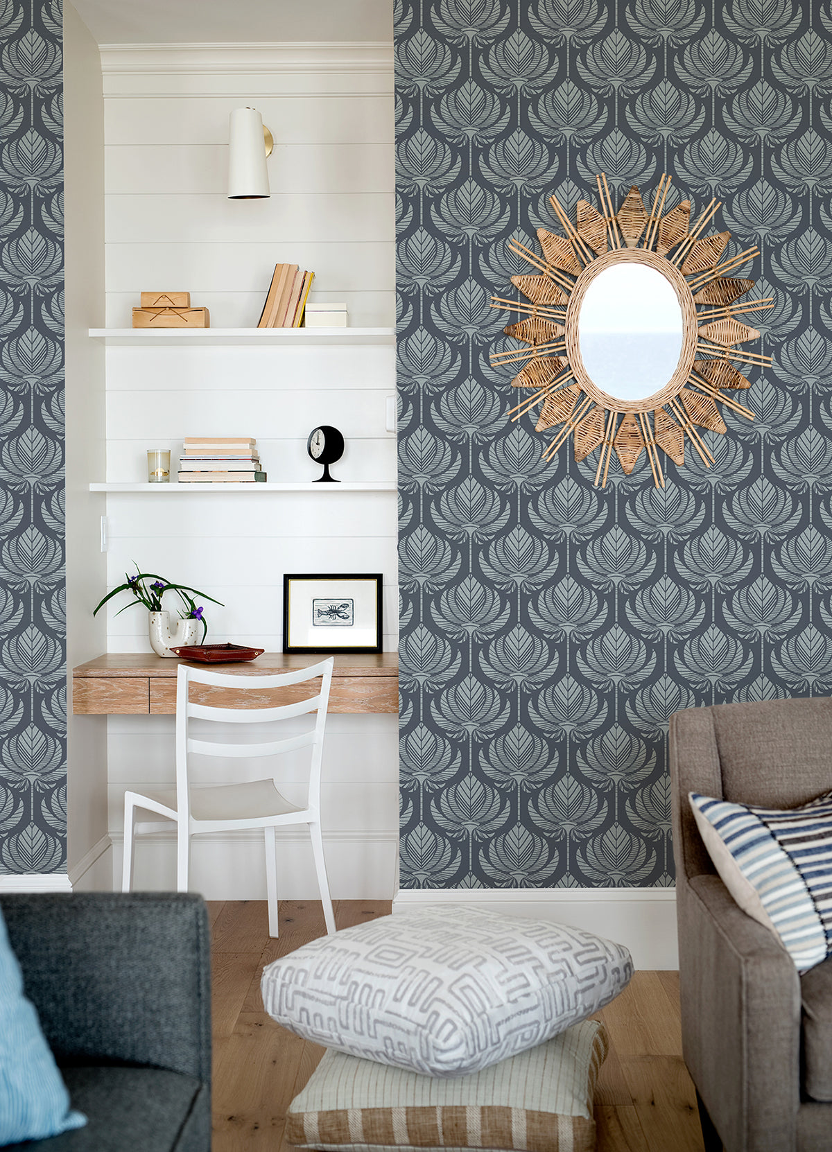 Palmier Navy Lotus Fan Wallpaper  | Brewster Wallcovering - The WorkRm