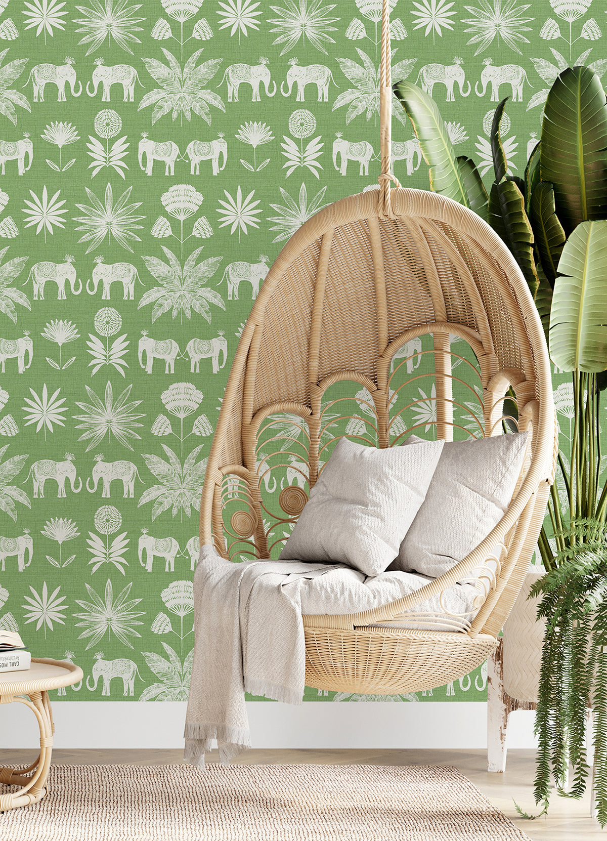 Bazaar Green Elephant Oasis Wallpaper  | Brewster Wallcovering - The WorkRm