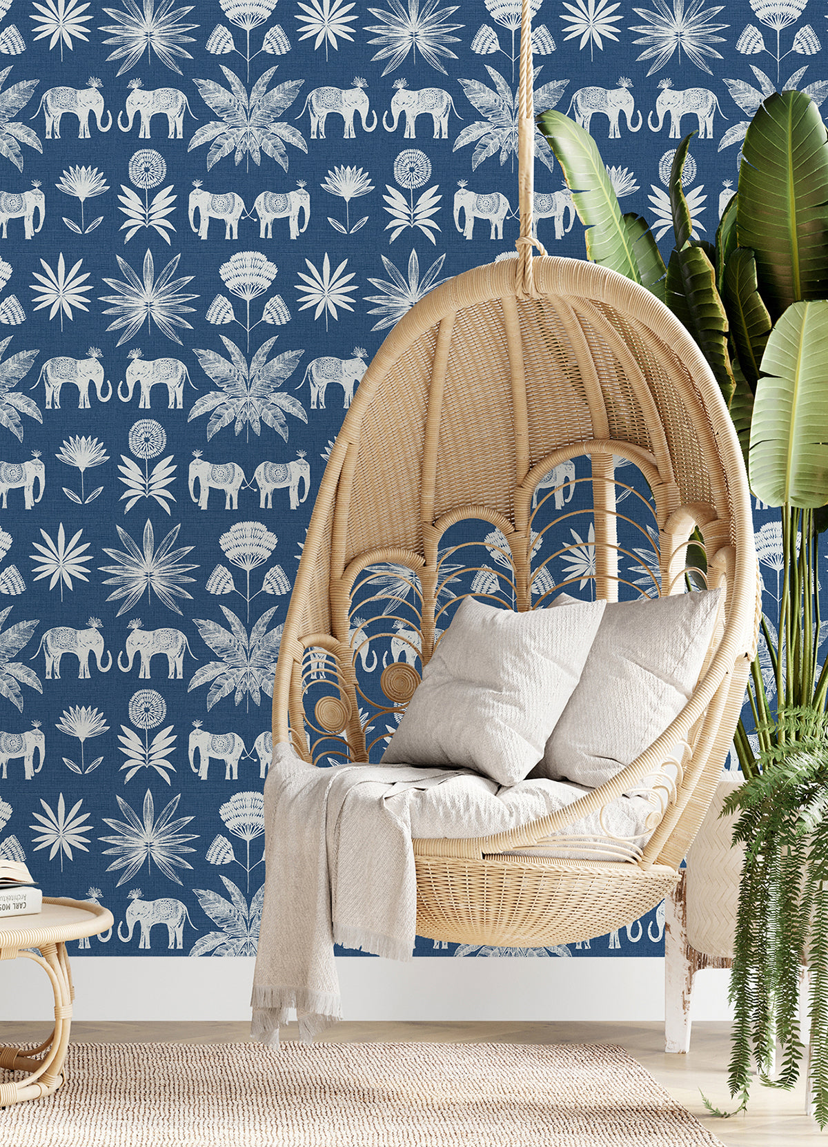 Bazaar Blue Elephant Oasis Wallpaper  | Brewster Wallcovering - The WorkRm