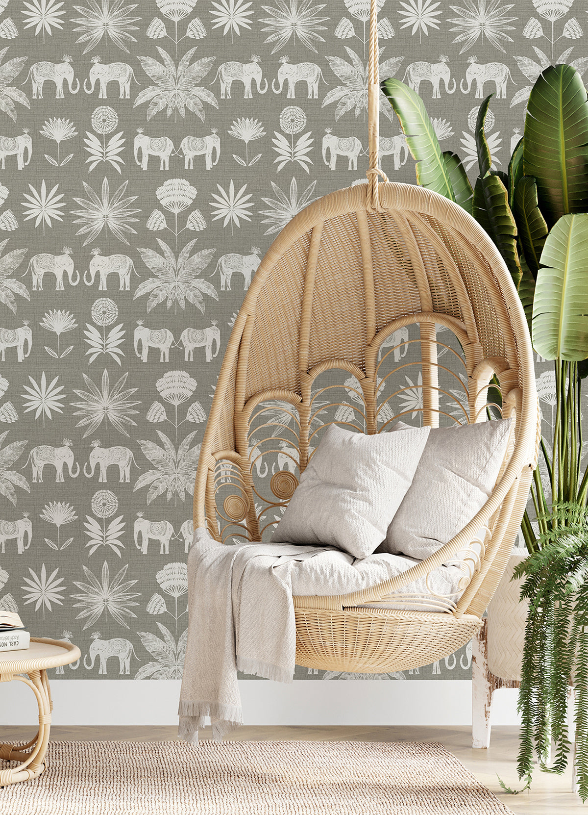 Bazaar Grey Elephant Oasis Wallpaper  | Brewster Wallcovering - The WorkRm