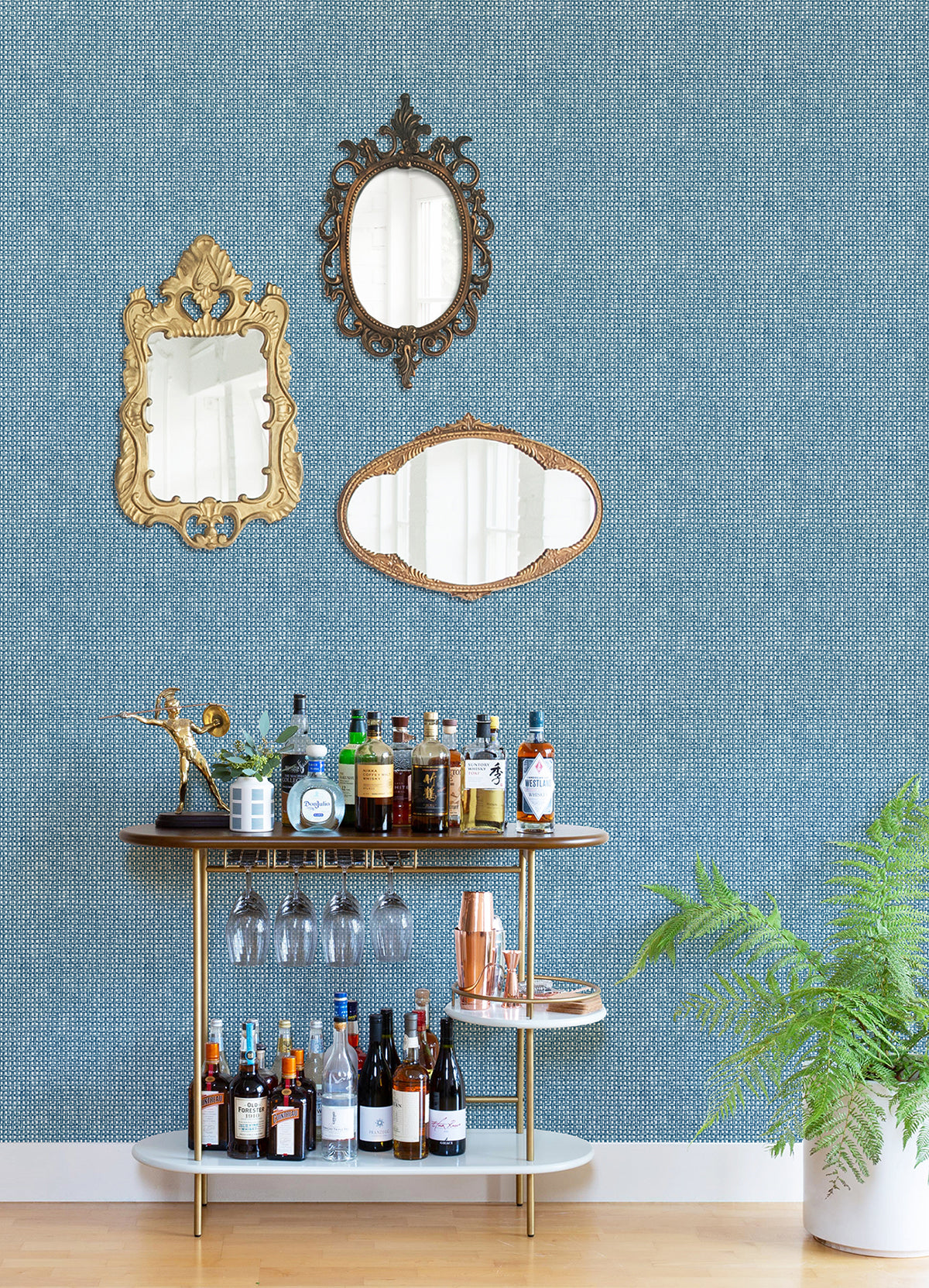 Zia Blue Basketweave Wallpaper - Brewster Wallcovering