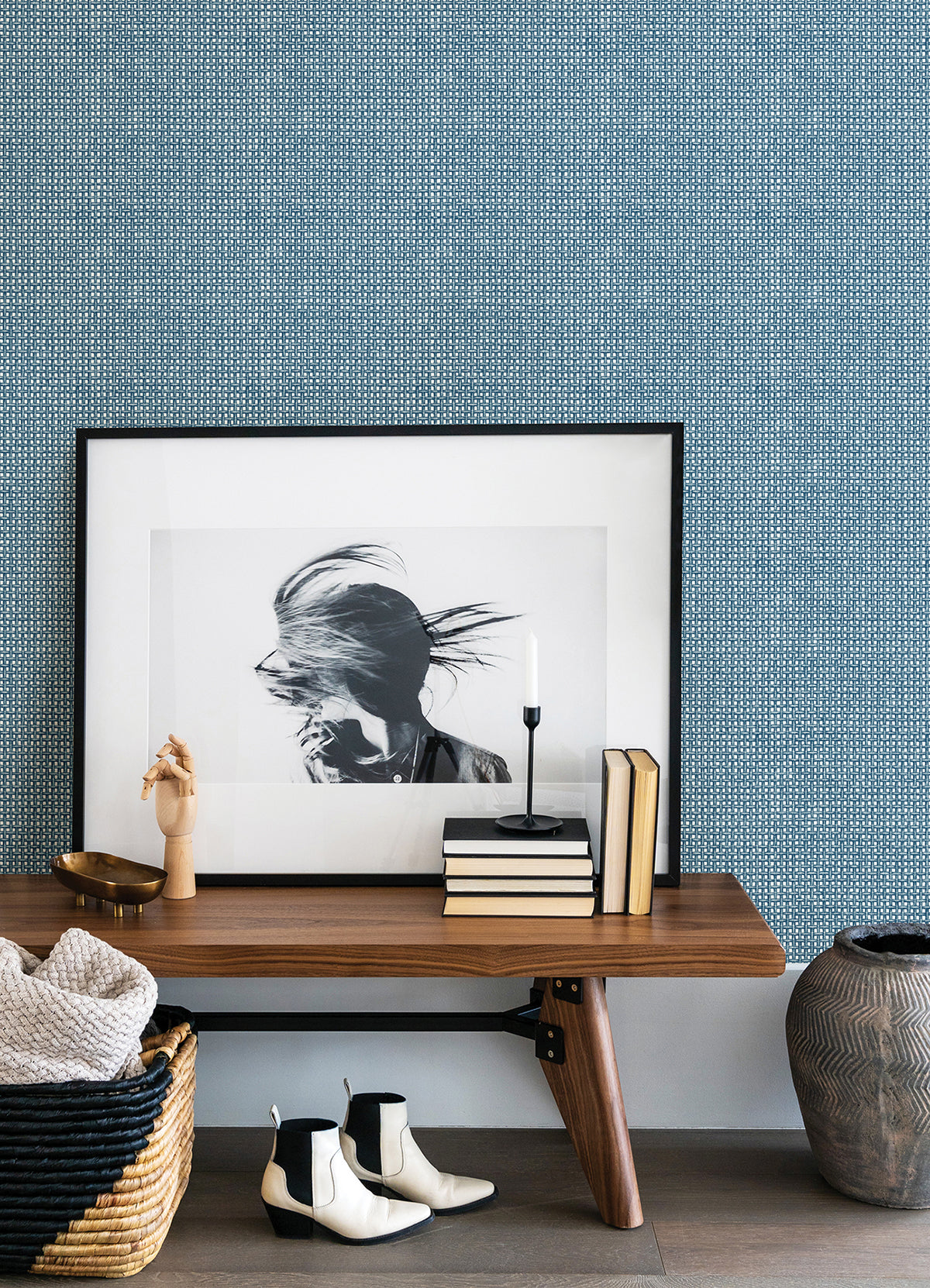 Zia Blue Basketweave Wallpaper  | Brewster Wallcovering - The WorkRm