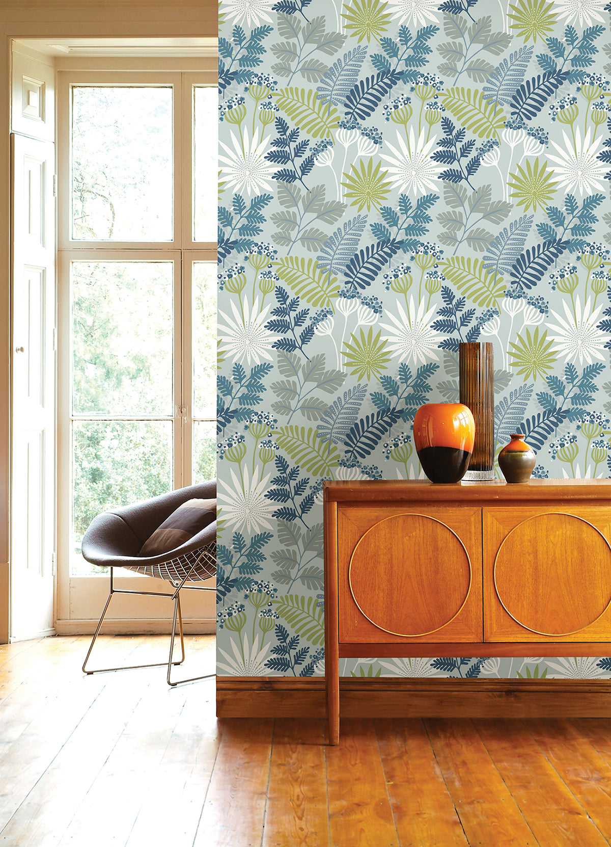 Praslin Sky Blue Botanical Wallpaper  | Brewster Wallcovering - The WorkRm