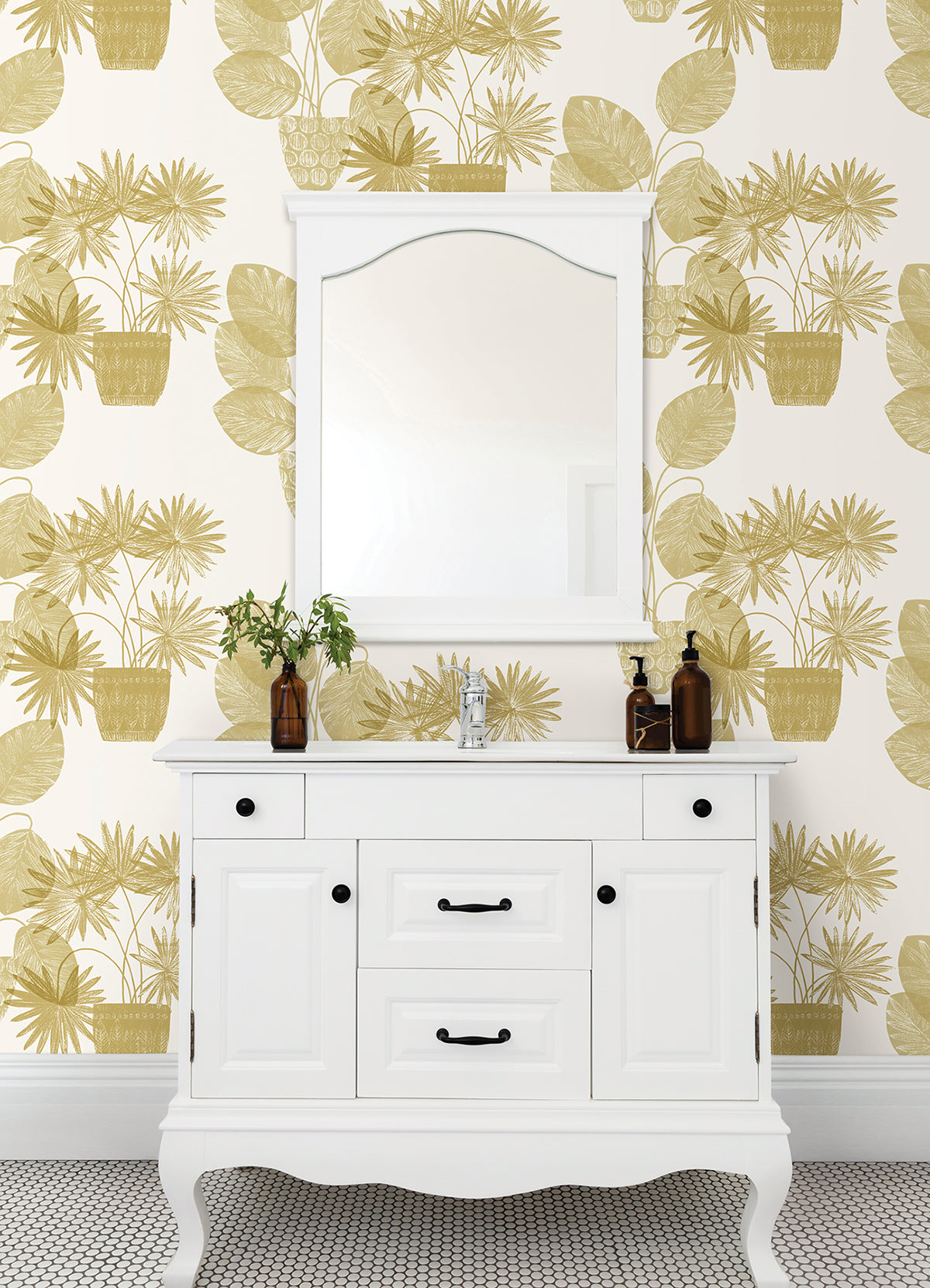 Aida Gold Potted Plant Wallpaper  | Brewster Wallcovering - The WorkRm