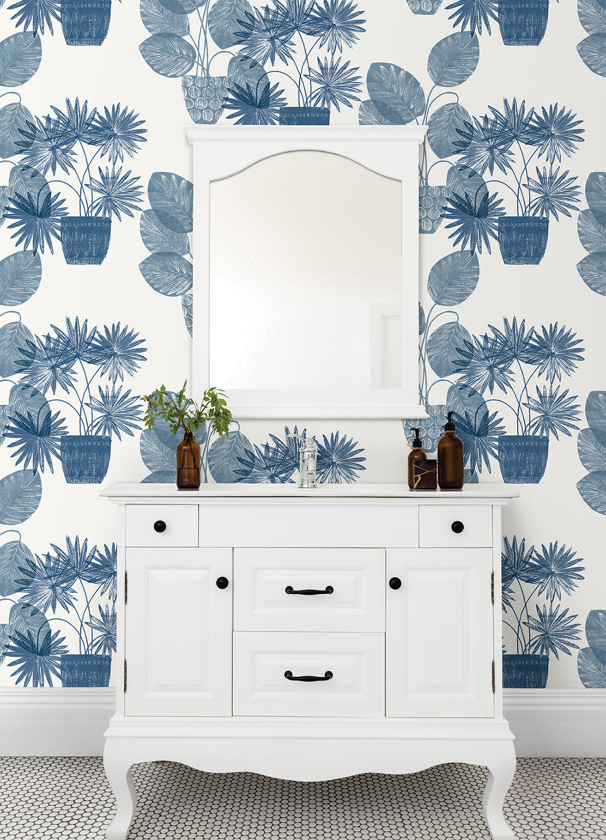 Aida Blue Potted Plant Wallpaper - Brewster Wallcovering