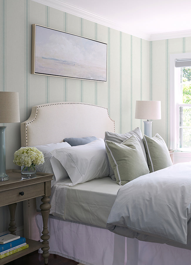 Linette Seafoam Fabric Stripe Wallpaper  | Brewster Wallcovering - The WorkRm