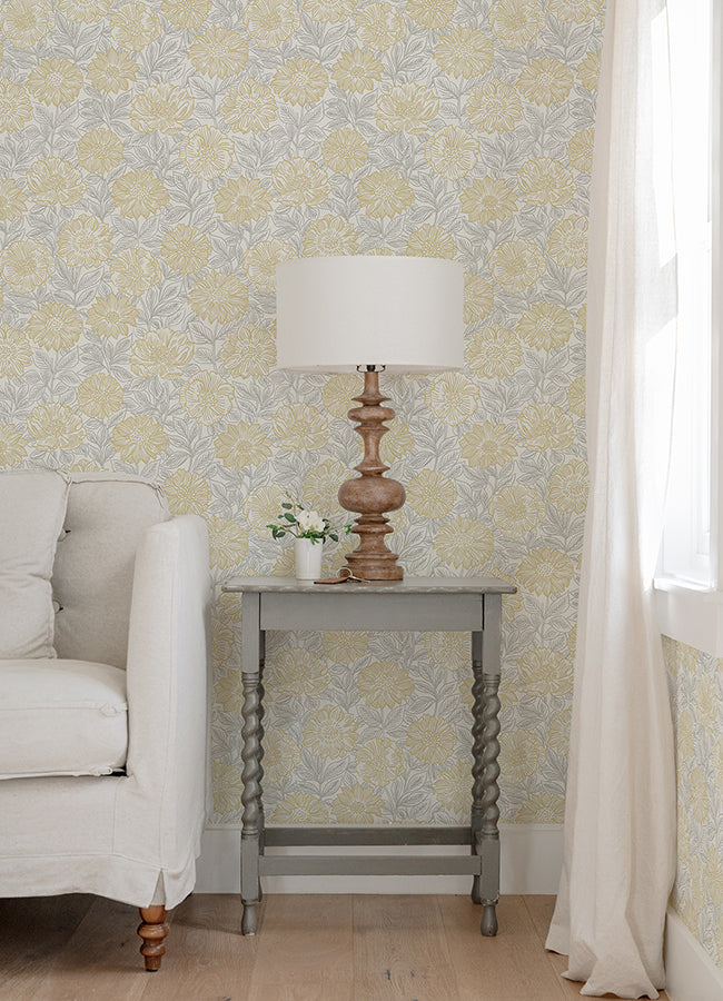 Faustin Yellow Floral Wallpaper  | Brewster Wallcovering