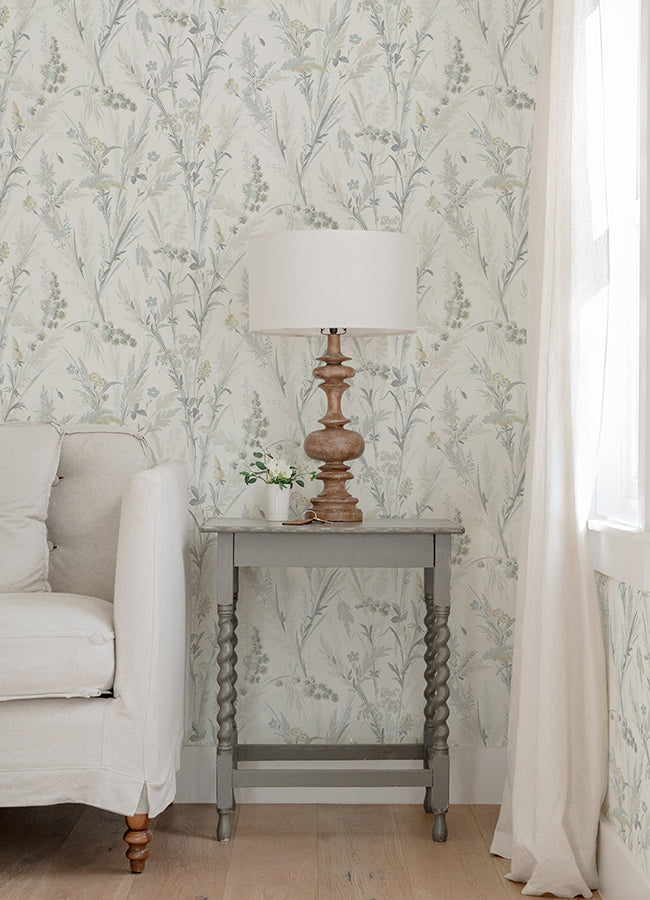 Hillaire Light Blue Meadow Wallpaper  | Brewster Wallcovering - The WorkRm