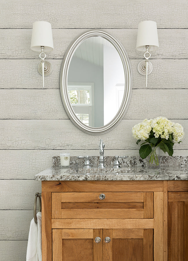 Morgan White Distressed Wood Wallpaper  | Brewster Wallcovering
