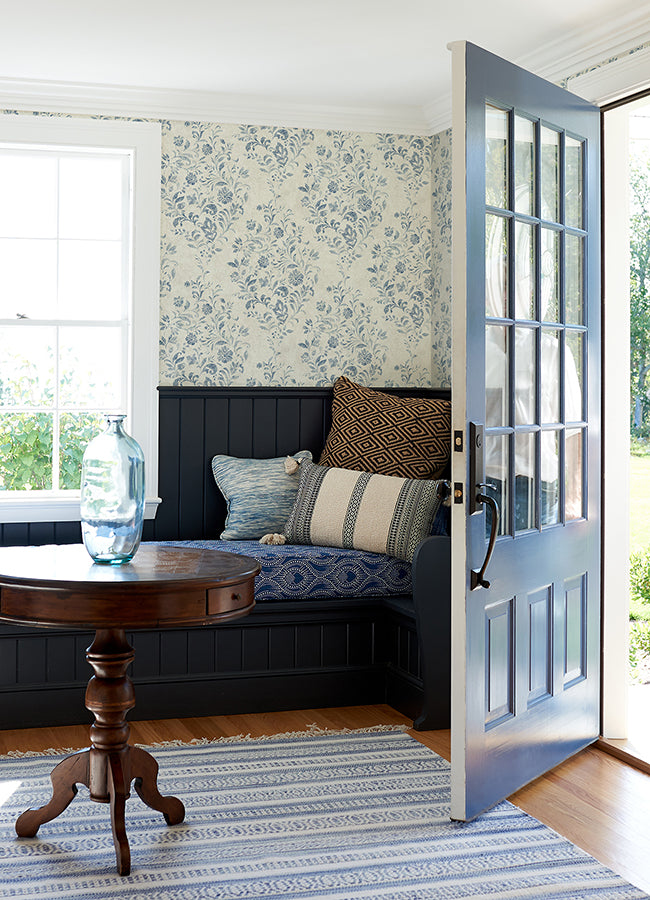 Isidore Blue Scroll Wallpaper  | Brewster Wallcovering - The WorkRm