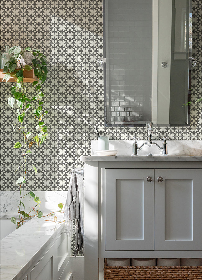 Remy Black Fleur Tile Wallpaper - Brewster Wallcovering