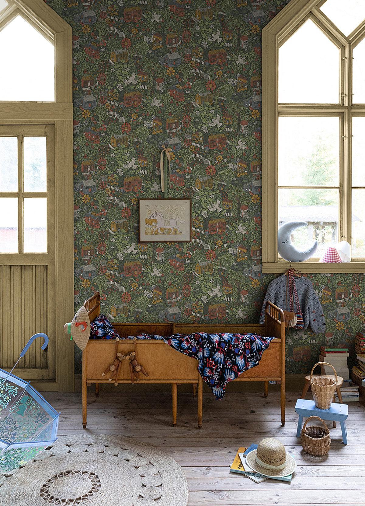 Bygga Bo Green Woodland Village Wallpaper - Brewster Wallcovering