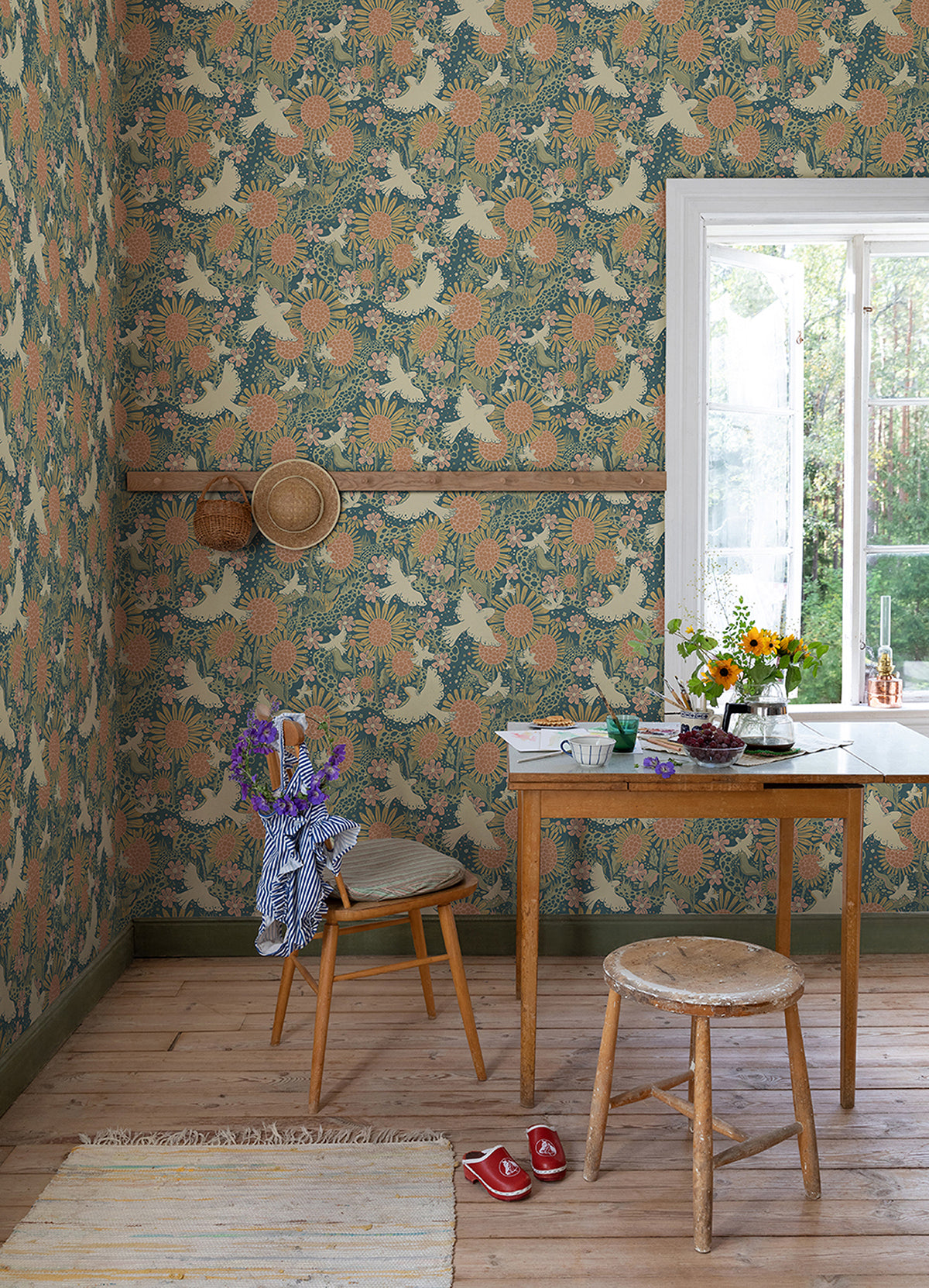 Drömma Teal Songbirds and Sunflowers Wallpaper - Brewster Wallcovering