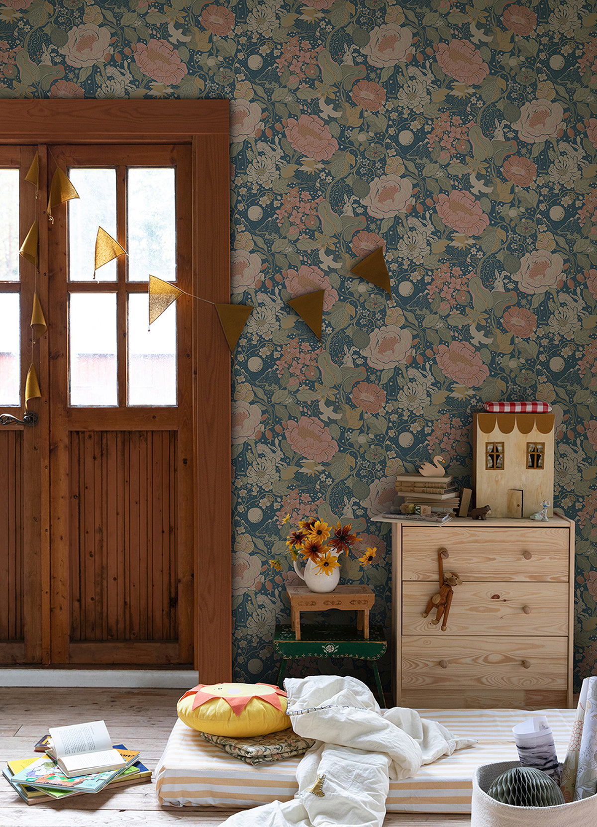 Växa Teal Rabbits & Rosehips Wallpaper  | Brewster Wallcovering - The WorkRm