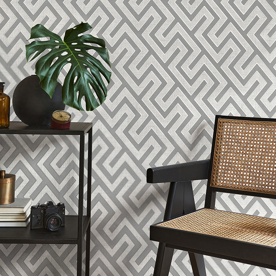 Meander Light Grey Geo Wallpaper - Brewster Wallcovering