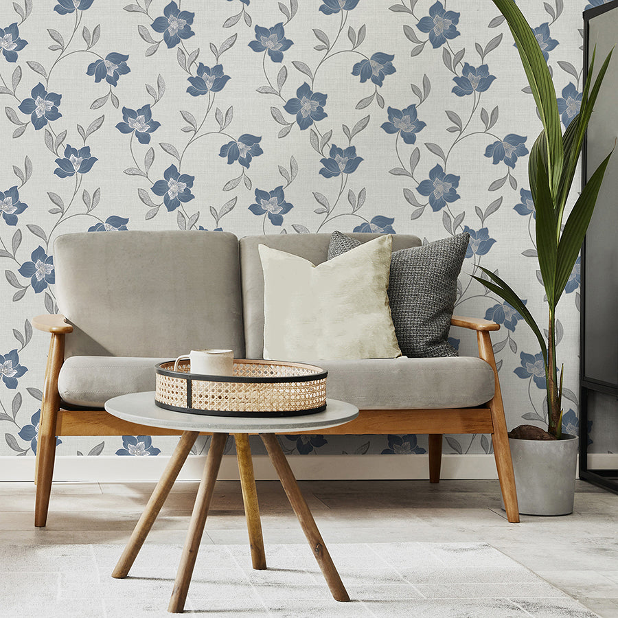 Larson Blue Floral Wallpaper  | Brewster Wallcovering - The WorkRm