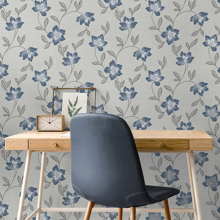 Larson Blue Floral Wallpaper  | Brewster Wallcovering - The WorkRm