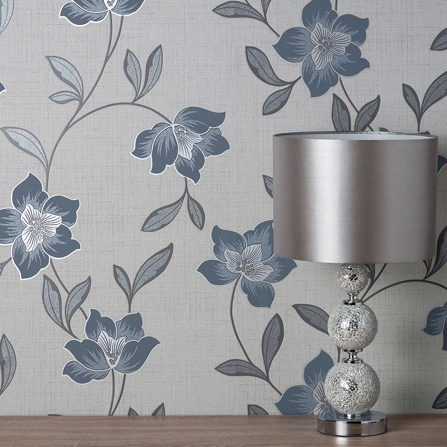 Larson Blue Floral Wallpaper  | Brewster Wallcovering - The WorkRm