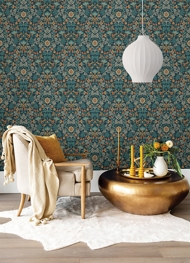 Lila Blue Strawberry Floral Wallpaper  | Brewster Wallcovering - The WorkRm