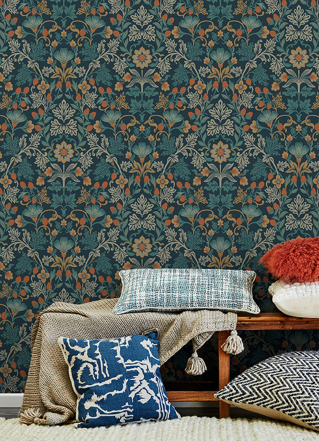 Lila Blue Strawberry Floral Wallpaper  | Brewster Wallcovering - The WorkRm