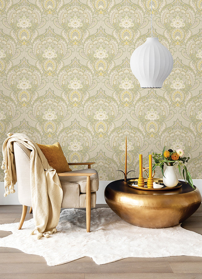 Nasrin Light Grey Damask Wallpaper  | Brewster Wallcovering - The WorkRm