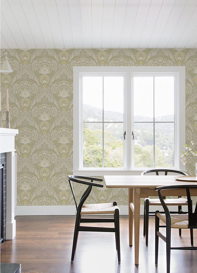 Nasrin Light Grey Damask Wallpaper  | Brewster Wallcovering - The WorkRm