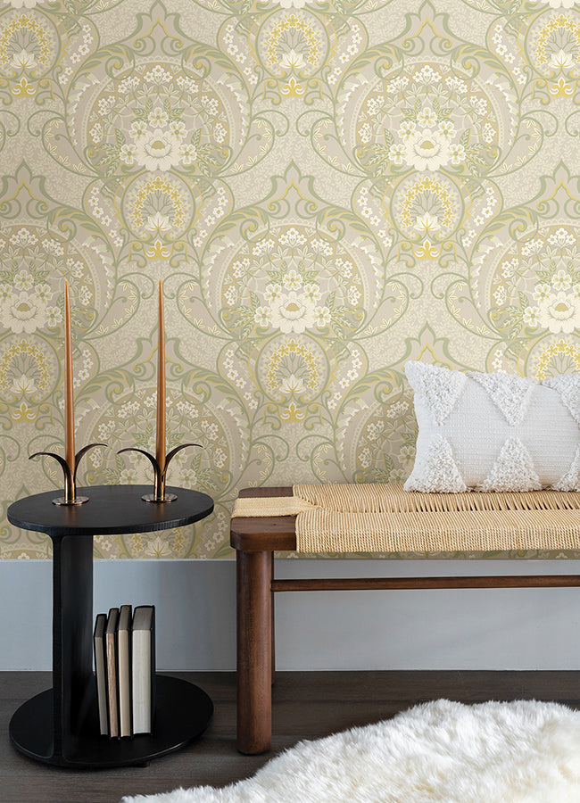 Nasrin Light Grey Damask Wallpaper  | Brewster Wallcovering - The WorkRm