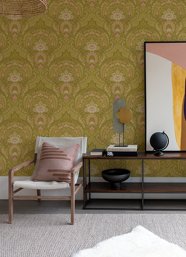 Nasrin Chartreuse Damask Wallpaper  | Brewster Wallcovering - The WorkRm