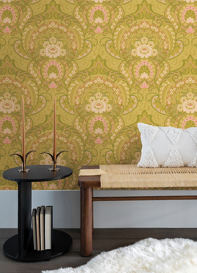 Nasrin Chartreuse Damask Wallpaper  | Brewster Wallcovering - The WorkRm