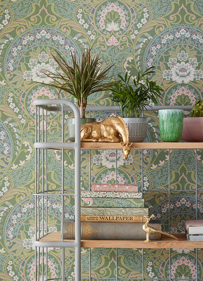 Nasrin Sea Green Damask Wallpaper  | Brewster Wallcovering - The WorkRm