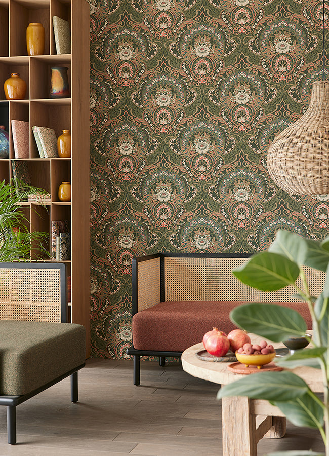 Nasrin Dark Green Damask Wallpaper  | Brewster Wallcovering - The WorkRm