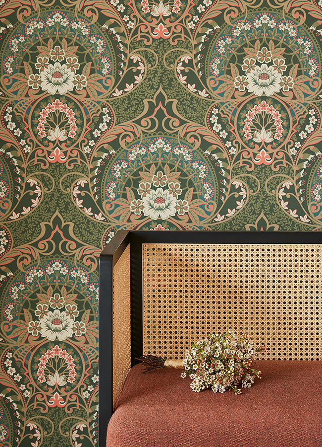 Nasrin Dark Green Damask Wallpaper  | Brewster Wallcovering - The WorkRm