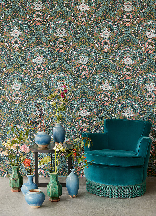 Nasrin Blueberry Damask Wallpaper  | Brewster Wallcovering - The WorkRm