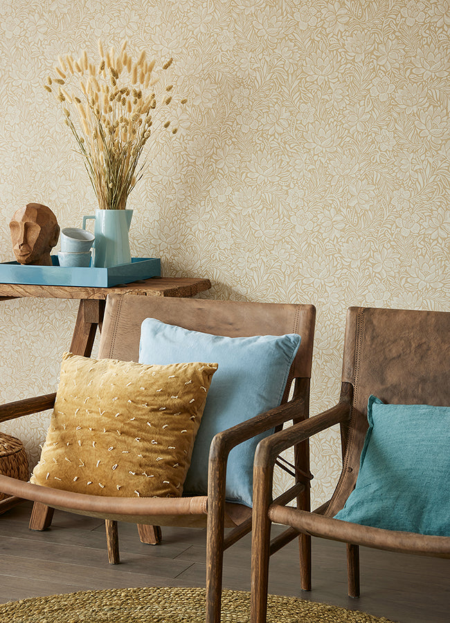 Zahara Wheat Floral Wallpaper  | Brewster Wallcovering - The WorkRm