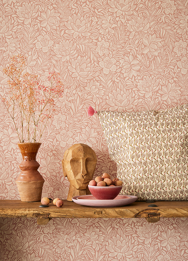 Zahara Coral Floral Wallpaper  | Brewster Wallcovering - The WorkRm