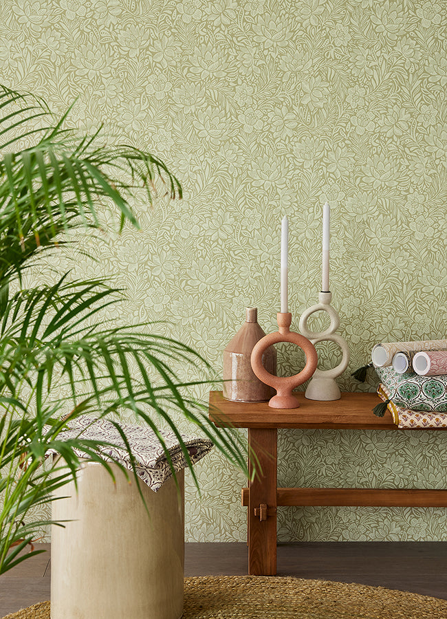 Zahara Olive Floral Wallpaper  | Brewster Wallcovering - The WorkRm