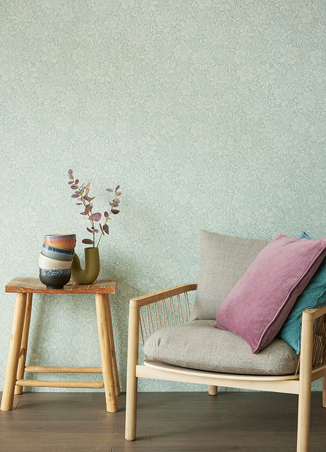 Zahara Seafoam Floral Wallpaper  | Brewster Wallcovering - The WorkRm