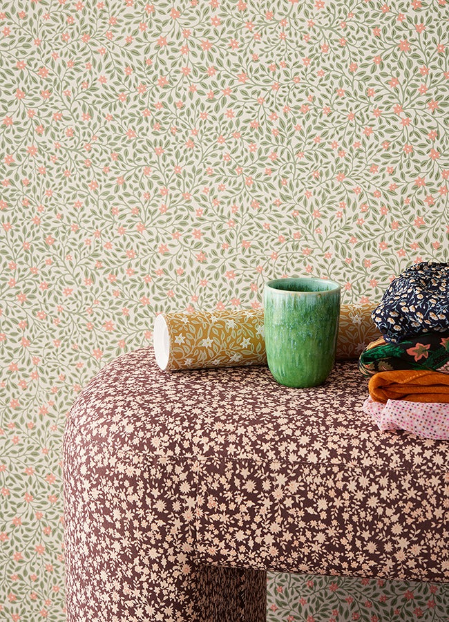 Marguerite Light Green Floral Wallpaper - Brewster Wallcovering