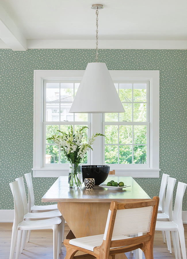 Marguerite Sea Green Floral Wallpaper - Brewster Wallcovering