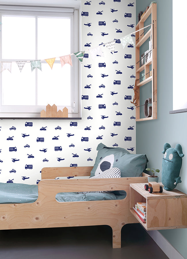 Briony Navy Vehicles Wallpaper  | Brewster Wallcovering - The WorkRm