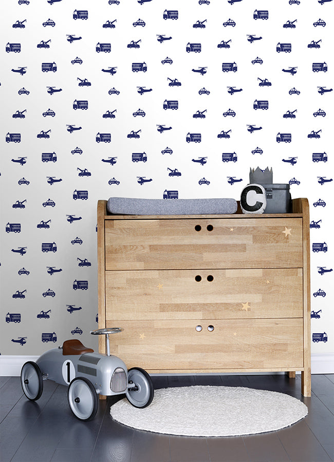 Briony Navy Vehicles Wallpaper  | Brewster Wallcovering - The WorkRm